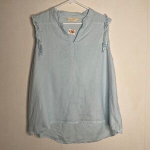 Reistor Sleeveless Top Ruffle Hemp Blouse Womens 2XL Light Blue Hi Low Lagenlook